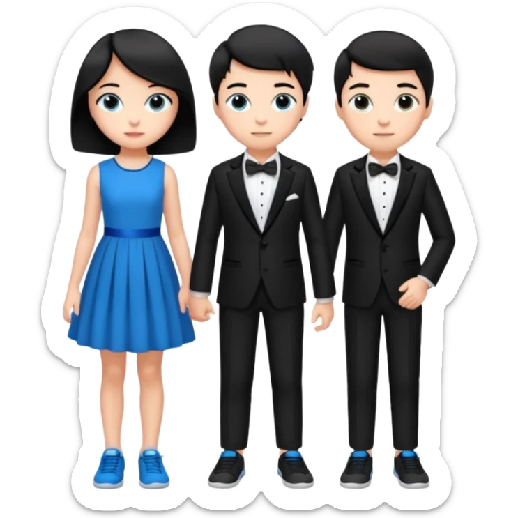 generate a pretty bratz fair skinned boy with short black hair wearing a black tux with blue sneakers with a girl in a pink dress sticker
