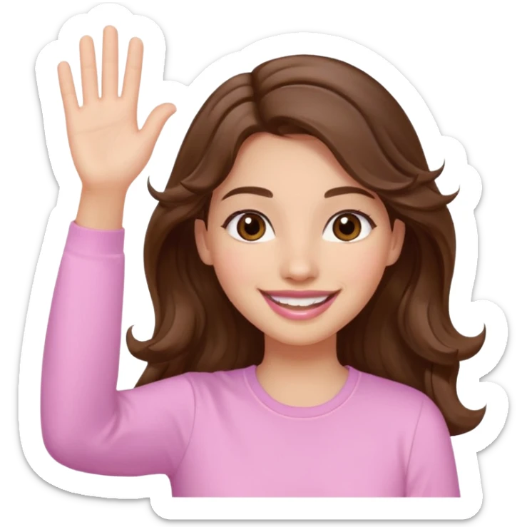girl with wavy long brown hair, brown eyes, light to medium complexion, long lashes, light pink lipstick, smiling, wearing light pink shirt, waving hello sticker