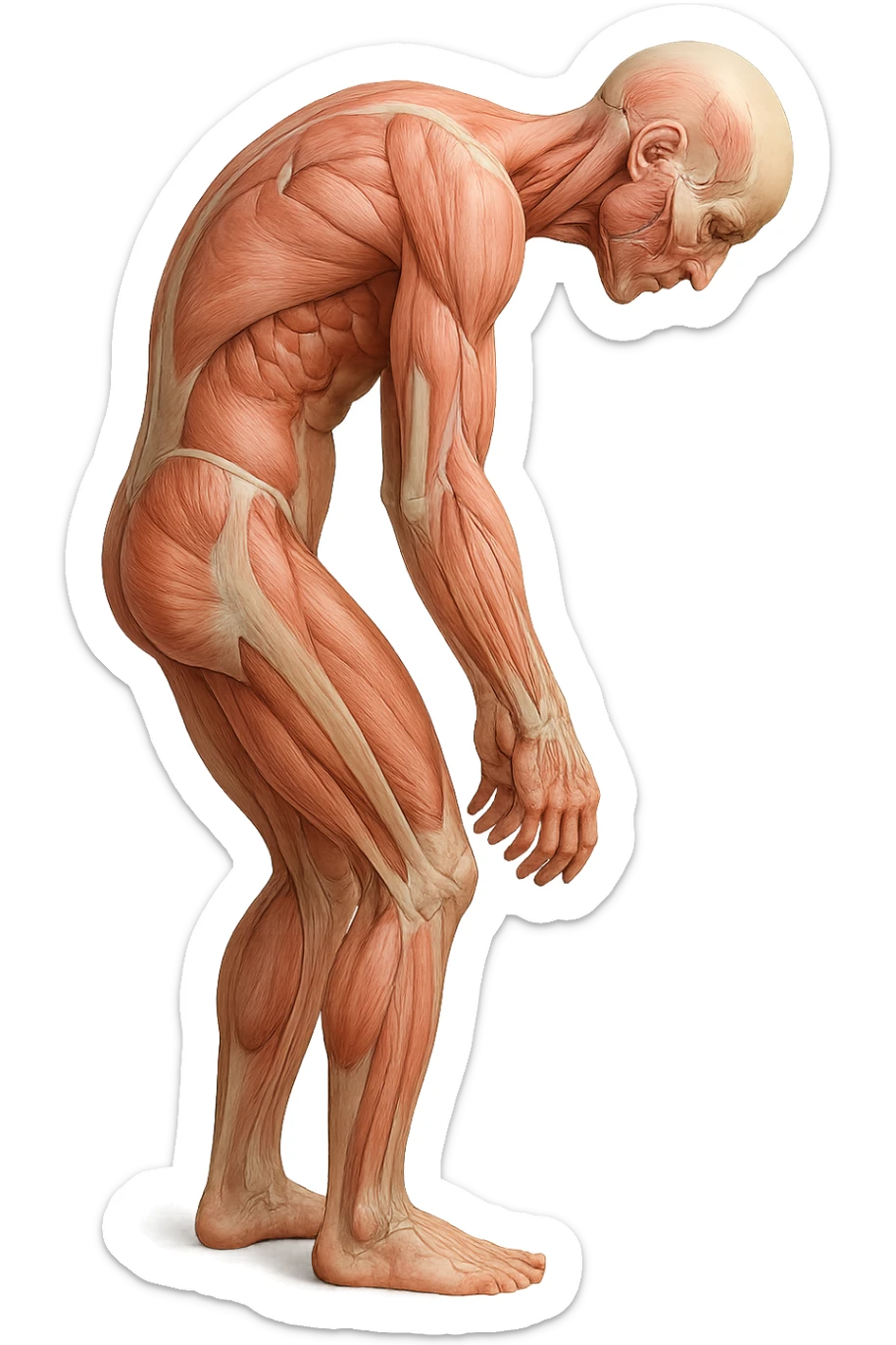 corpo umano anatomico realistico curvo con la schiena e le spalle in avanti, postura delle spalle chiuse, isolato su sfondo bianco sticker