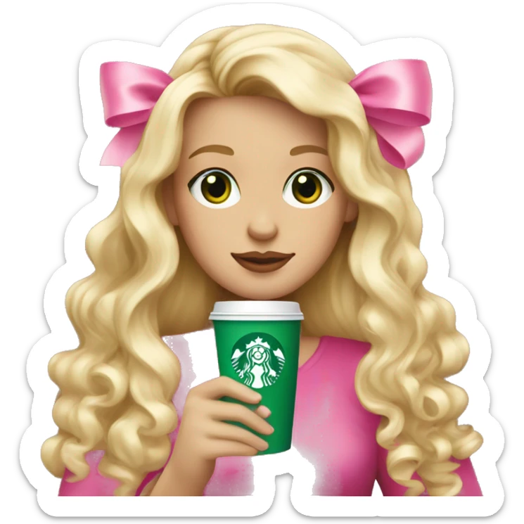 blonde with green eyes drinking pink starbucks wearing a pink bow in long wavy blonde hair sticker