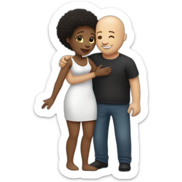 a hug from a black woman in a tight dress to a white man with no hair and a beard sticker