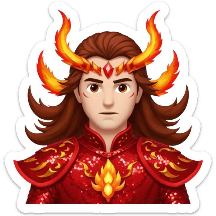 Vulcan, God of Fire from Gods and Goddesses with long brown hair, fiery red sequin outfit sticker
