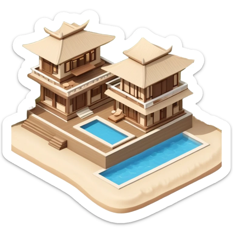 Isometric exterior brown and beige luxury Balinese beach resprt, dollhouse style 3D realistic  sticker