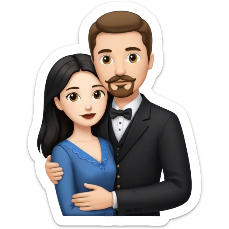 tall white man with brown hair goatee mustache hugging a pale woman with long black hair, wearing formal clothing sticker