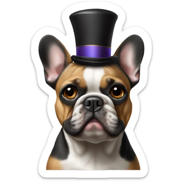 Black-and-tan French bulldog wearing a clown hat sticker