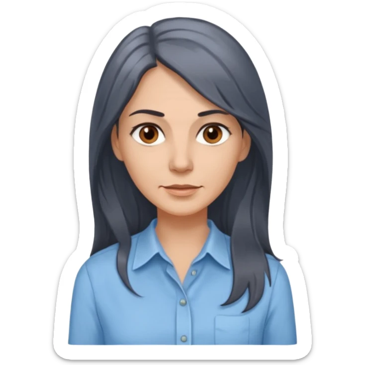 vit 50-årig kvinna med grå slingor i jättelångt mörkbrunt hår bruna ögon ljusblå skjorta med översta knappen uppknäppt sticker