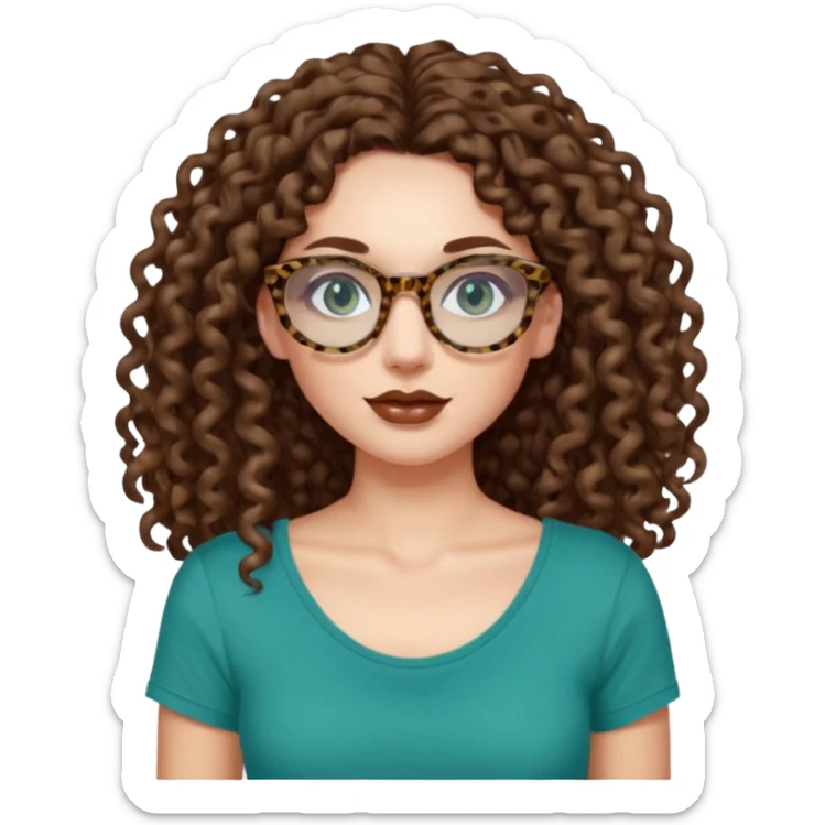 a blue green eyed woman with very very long brunette curly hair, full lips,and pale skin. She is wearing a leopard printed thin round-ish glasses . She is wearing a brown tshirt with a wide neck opening. sticker