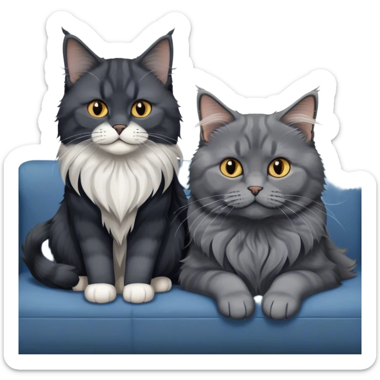 Portrait of a black smoke Maine Coon cat with long grey ear tufts, alongside a British Shorthair cat with a solid blue coat on sofa. Both cats with detailed fur textures and playful expressions. Soft, elegant background of room with warm, natural tones. Transparent background. sticker
