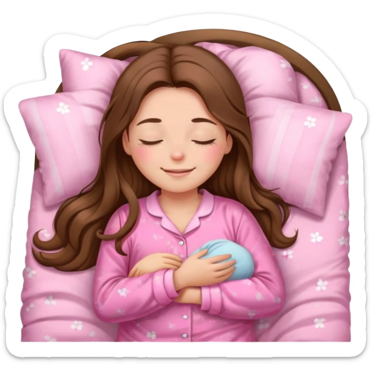 The brown long hair girl going to sleep in pink pajama with smile and closed eyes sticker