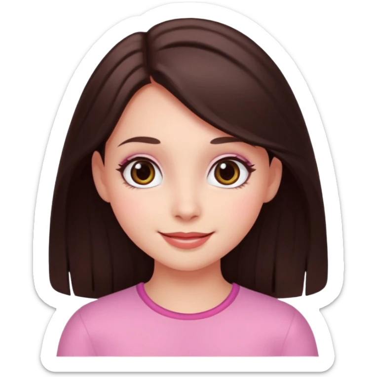 An emoji featuring a girl with dark brown long hair, brown big eyes, light pinkish skin, red cheeks,  sticker