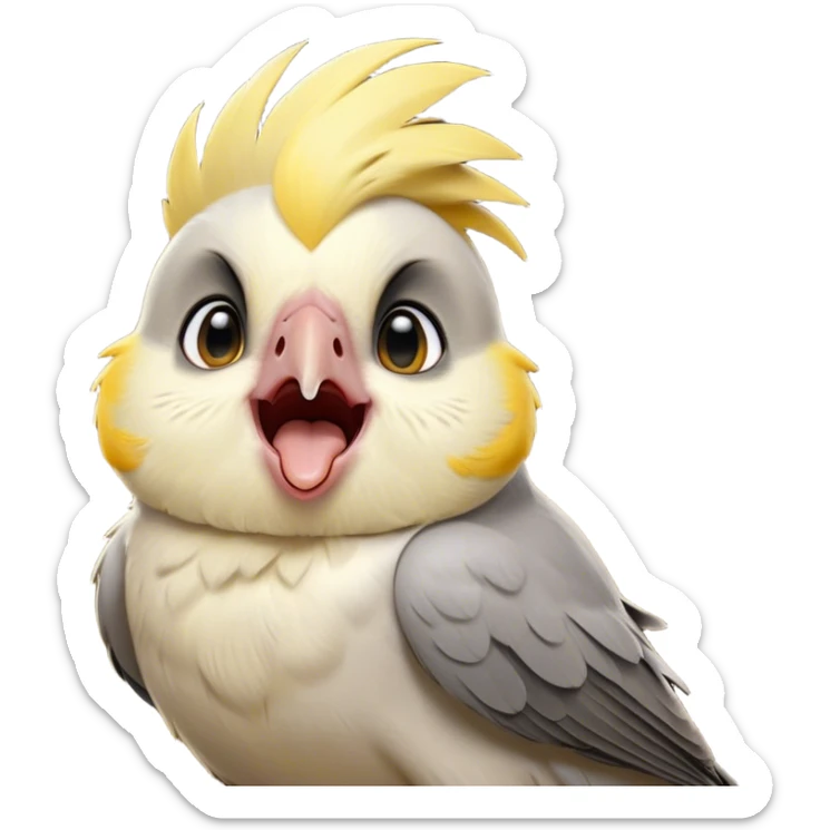 Cinematic Cute Yawning Cockatiel Portrait Emoji, Head tilted slightly with a dramatic, wide-open yawn, showcasing a soft grey fur with subtle yellow accents and gently drooping crest feathers, round dark eyes barely open in drowsy contentment, Simplified yet irresistibly adorable features, highly detailed, glowing with a soft, cozy glow, high shine, relaxed yet expressive, stylized with a touch of whimsy, bright and endearing, soft glowing outline, capturing the essence of a sleepy yet affectionate cockatiel, so drowsy it feels like it could stretch out of the screen and curl up for a nap! sticker