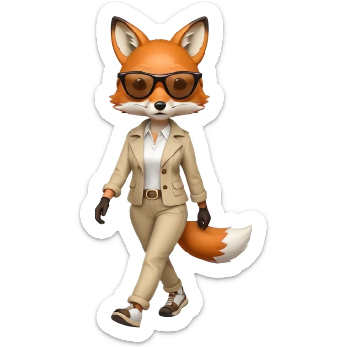 serious anthropomorphised female fox in stylish casual outfit with sunglasses, walking with confidence, full-body sticker