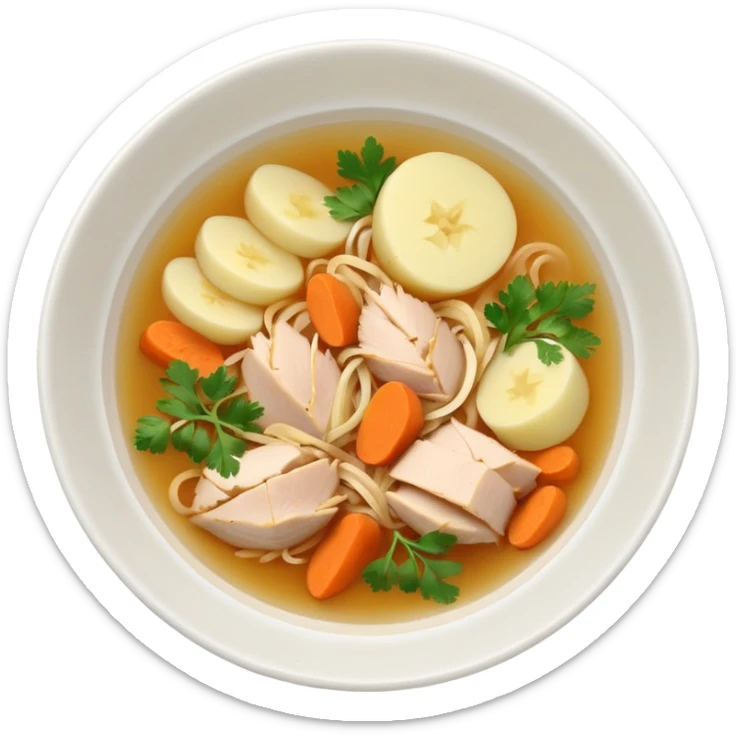 Emoji of a Mexican chicken broth (consomé de pollo): a warm golden soup with bits of shredded chicken, carrot, potato, and cilantro in a simple round bowl, viewed from above sticker
