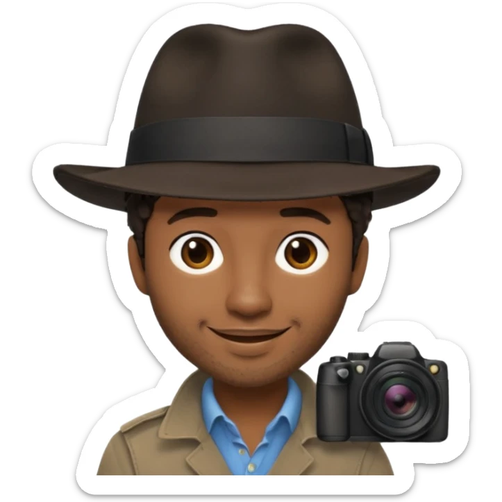 Black photographer wearing black fedora, short dark brown hair, naturally messy, stubble, smiling sticker