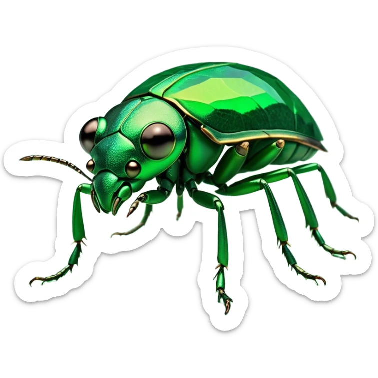Cinematic Noble Green Bugdie Portrait Emoji, Poised and regal, with a tiny, delicate build and a vibrant, well-detailed emerald exoskeleton, deep-set soulful multifaceted eyes, Simplified yet sharp and sophisticated features, highly detailed, glowing with a soft, dignified glow, high shine, intelligent and alert, stylized with an air of miniature majesty, focused and attentive, soft glowing outline, capturing the essence of a watchful and confident insect, so majestic it feels as though it could scuttle out of the screen with effortless authority! sticker