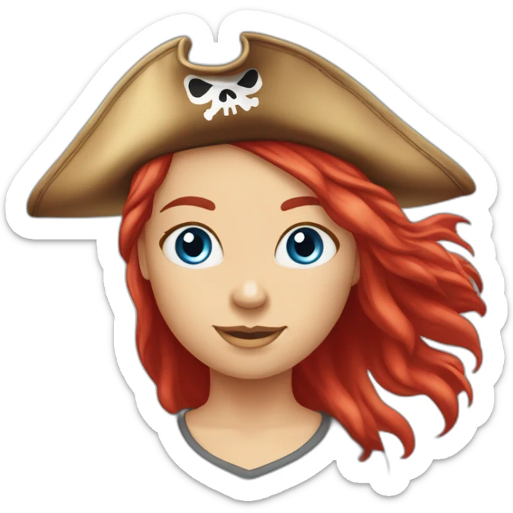 Woman long red platted hair hair only on one side of head, pirate hat. One side of head has no hair. Blue eyes. skull and crossbones t shirt sticker