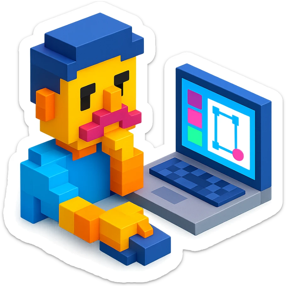 voxel art designer using MacBook, Figma interface on screen sticker