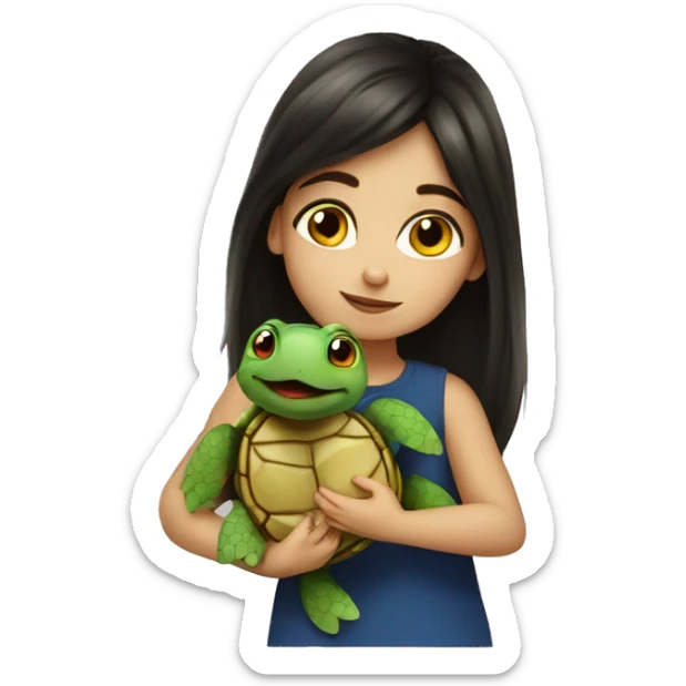 European girl with dark hair kiss little turtle sticker