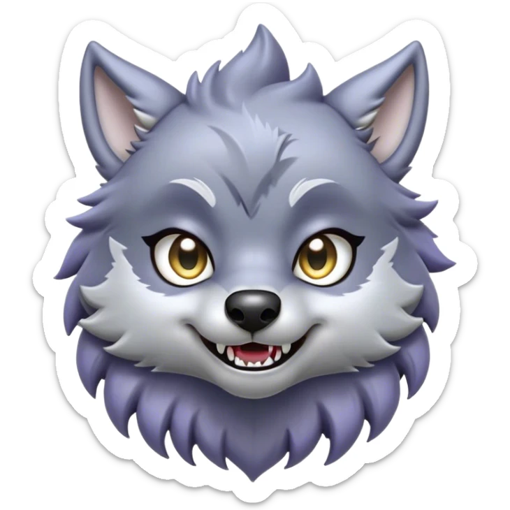 Cinematic Cute Werewolf Portrait Emoji, with a cuddly, miniature lupine form in soft moonlit grays and silvers, featuring oversized sparkling eyes and a sweet, endearing snarl, simplified yet irresistibly adorable, highly detailed with a gentle glowing outline that captures the playful, heartwarming essence of a little werewolf! sticker