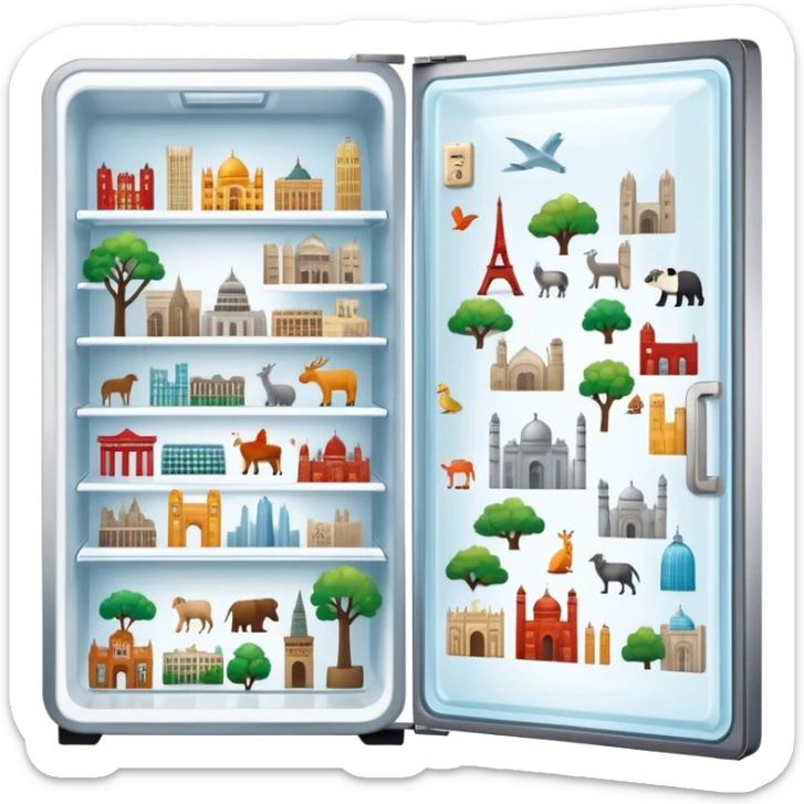 Icon for Magnet Collecting: a close-up of a fridge door covered with a variety of magnets, featuring cities, animals, symbols. The icon should highlight the diversity and charm of magnet collections. Transparent background. sticker