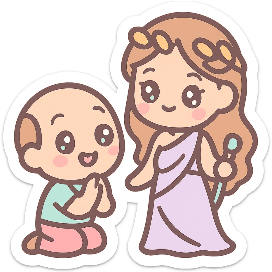 cartoon emoji of a submissive worshipping a beautiful goddess, cute and lighthearted sticker
