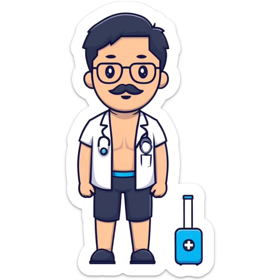 A light-medium Man wearing a short with no shirt with black hair and toooooo short beard and Mustache and blue medical glasses  sticker