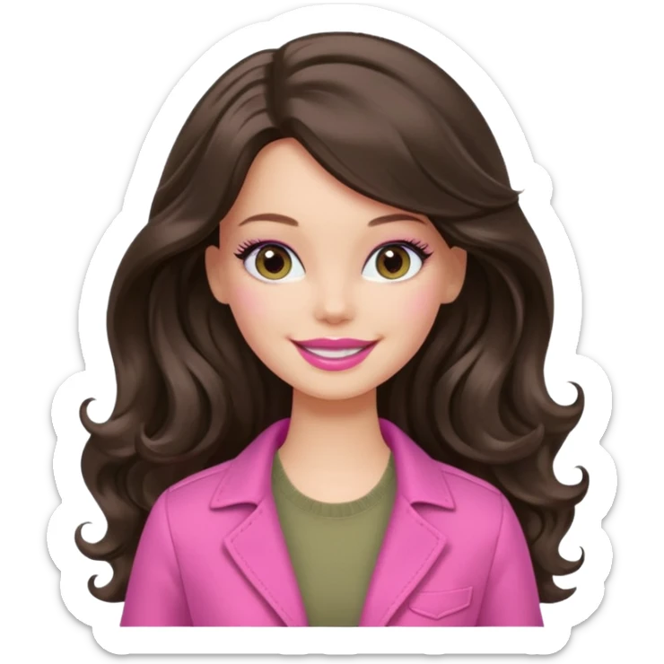 A white Barbie girl with long dark brown wavy hair in pale olive clothes pink and smail sticker