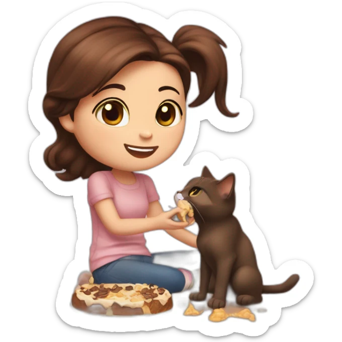 Girl short brown hair and half tail,eating nutella,  with mickey mouse ears, petting a cats, sticker