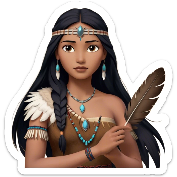 Cinematic Realistic Pocahontas Portrait, depicted with lifelike skin texture, soft natural lighting, and intricately detailed long, flowing raven-black hair that moves gracefully in the wind. Her deep, soulful dark brown eyes exude wisdom and strength, complemented by a serene yet powerful expression. She is shown gently holding a feather in one hand, her other hand resting lightly at her side, embodying the harmonious balance between nature and herself. She is dressed in her classic one-shoulder native American dress, with rich fabric textures and delicate beaded details that catch the light beautifully. The portrait features a soft, sun-kissed glow with a natural, radiant finish, capturing the essence of untamed beauty and deep connection to nature in a realistic and painterly style, evoking a sense of depth and authenticity. sticker