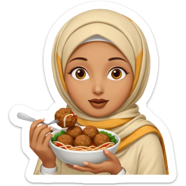 woman wearing a cream colored pashmina hijab eating meatballs sticker