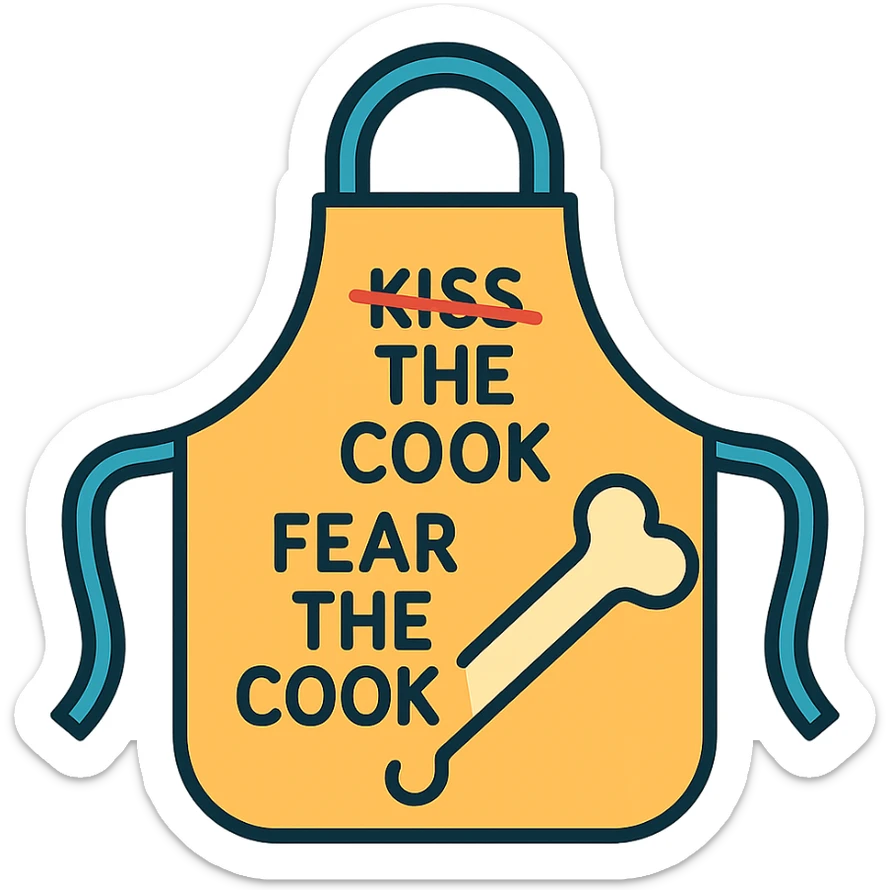 An apron with the text "Kiss the Cook" scratched out and replaced with "Fear the Cook", featuring a giant rib bone as a weapon sticker