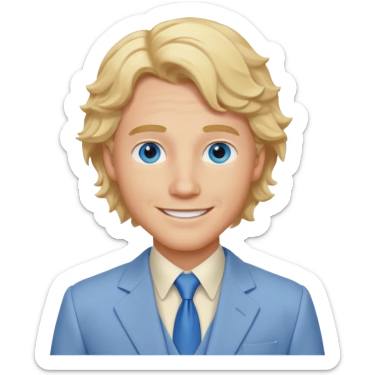 Tom Bryant from Summer of Fear with blonde wavy hair, blue eyes, cream suit sticker
