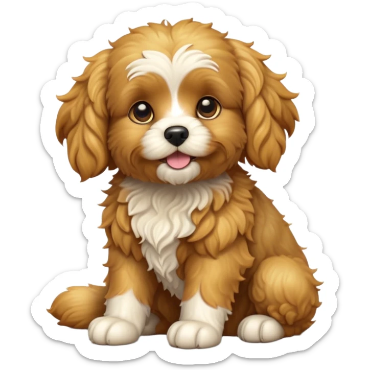 cinematic-[cavoodle dog]-realistic-full-body-sitting-emoji,-tail-resting-loosely-beside-its-paws,-head-tilted-dramatically,-curly-[solid golden]-fur,-simplified-yet-realistic-focused-features,-highly-detailed,-glowing-with-an-almost-sarcastic-glow sticker