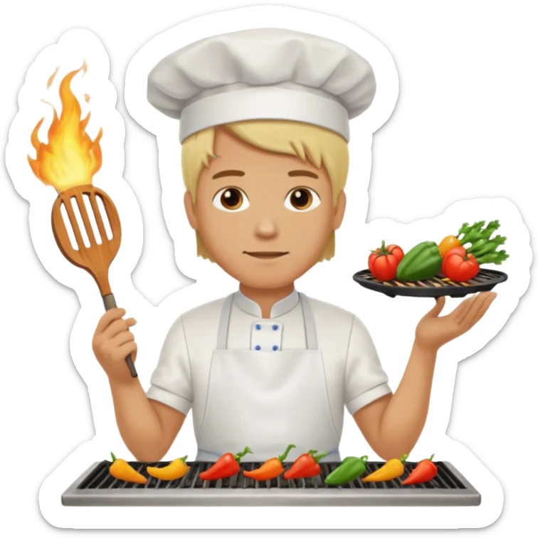 man with tied blond hair and and a white apron grilling vegetables on a sizzling grill sticker