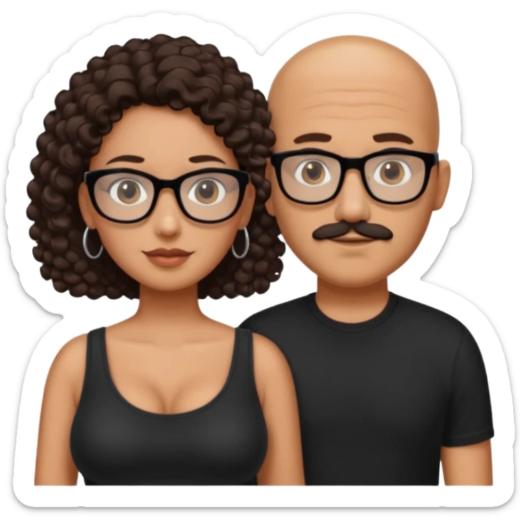 A picture of a tanned couple. the man is a Mexican man with tanned skin, with a bald hair cut, short beard and wearing a black shirt, no glasses. the woman is wearing rectangle shaped glasses, with long curly dark brown hair and with big boobs  sticker