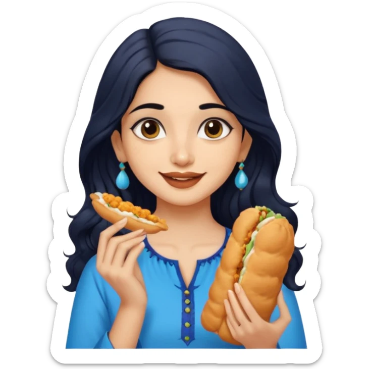 a pretty indian bratz girl with wavy long black hair. eyeliner on, wearing a blue kurti, eating vadapav sticker