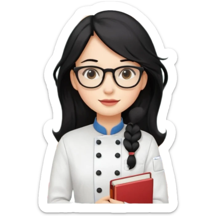 Profesora de pastelería, piel blanca con gafas y pelo negro largo y con una pizarra detrás y libros sticker