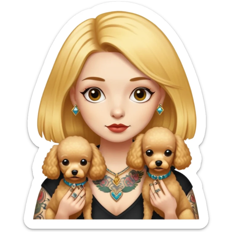 a  girl with glod  straight hair and tattoos and 2 miniature poodles sticker