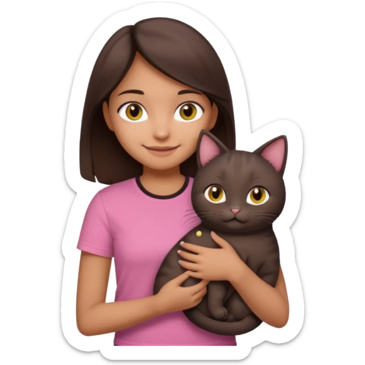 As una chica con piel marron claro con el pelo  medio largo color marron oscuro que tenga la chica una camiseta rosada mangas cortas con un jean claro que tenga ojos marrones la chica que la chica este sonriendo mientras sostiene entre sus brazos un gato negro gordito. sticker