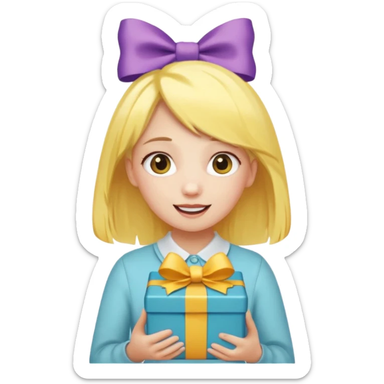 🥳🎀  sarı saçlı kız p saçının üstünde toka var tokat atmış iyi ki doğdun teyzeciğim diyor hem hediye var elimde çok kafasına tokat atmış sticker