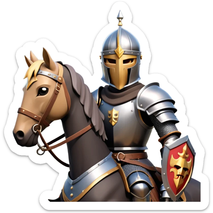 clash-of-clans-aesthetic_-cinematic-fearsome-and-majestic-knight-bust-portrait-emoji, rendered in a flat, vector-style with minimal shading and bold, simplified shapes, depicting a battle-ready medieval knight with steely eyes and intricate armor, riding on a black warhorse looking regal reflecting sunlight over a misty battlefield. sticker