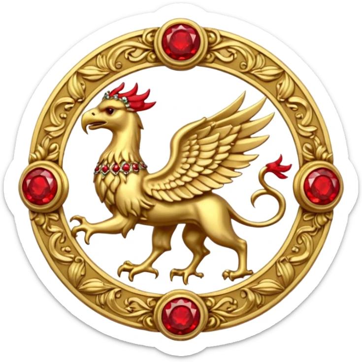 Golden griffin crest / brosch in a circle with red gems and no background sticker