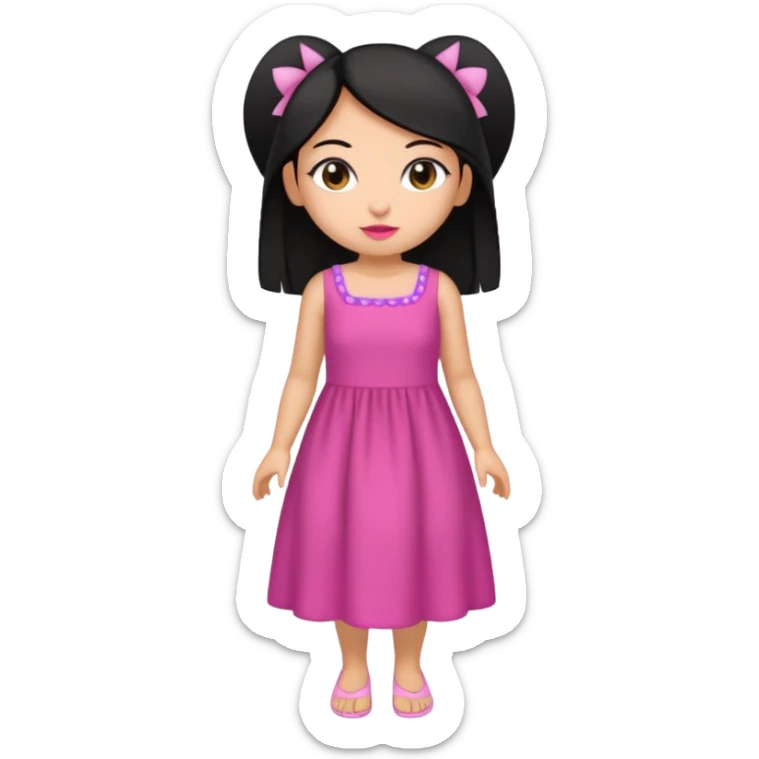 Gordita, ojos pequeños de color cafe oscuro, labios pequeños y rosados, piel trigueña, orejas pequeñas, cabello largo lazio y negro, pequeña. cuerpo completo. sticker