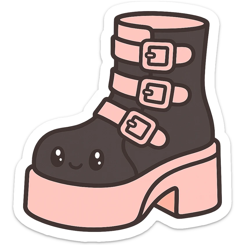 BLACKPINK-inspired gothic shoes, no hearts, black and pink, cute and stylish, kawaii style, pastel orange accents, platform boots with buckles sticker