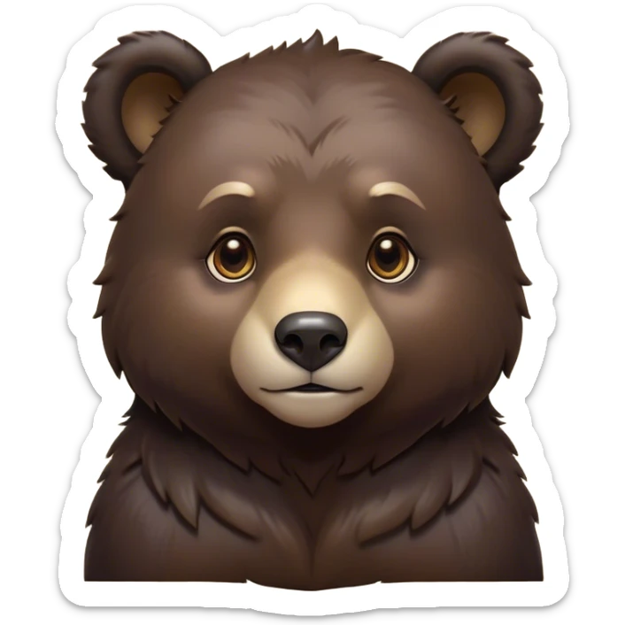 Cinematic Noble bear cub Portrait Emoji, Poised and regal, with a large, imposing build and a thick, well-groomed rich dark brown fur, deep-set soulful eyes, Simplified yet sharp and sophisticated features, highly detailed, glowing with a soft, dignified glow, high shine, intelligent and formidable, stylized with an air of wild majesty, focused and attentive, soft glowing outline, capturing the essence of a watchful and commanding guardian, so majestic it feels as though it could lumber out of the screen with effortless authority! sticker