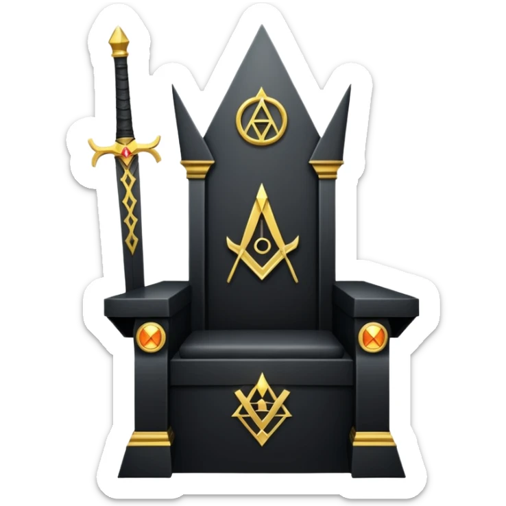 wide big iron black sword throne with gold accents and glowing Illuminati symbol sticker