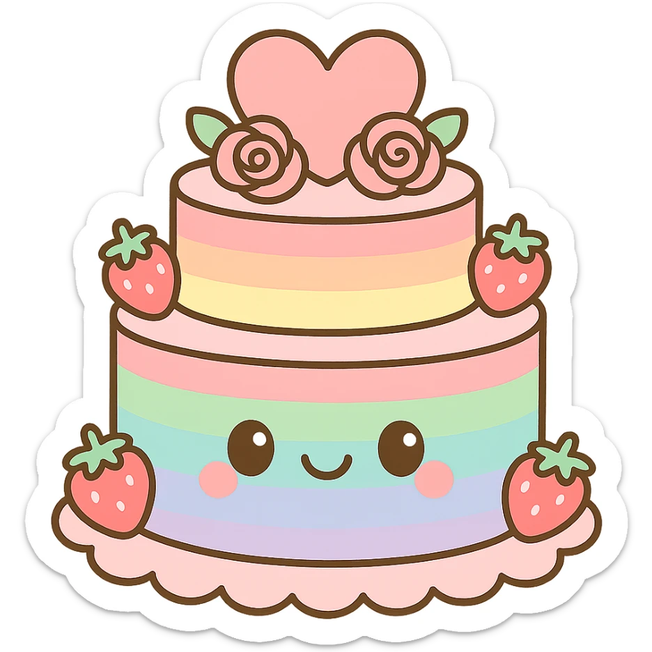 rainbow wedding cake with strawberries, pink roses, heart topper, kawaii style sticker