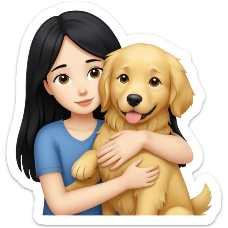 A girl with long black  hair tightly hugged a Golden Retriever sticker