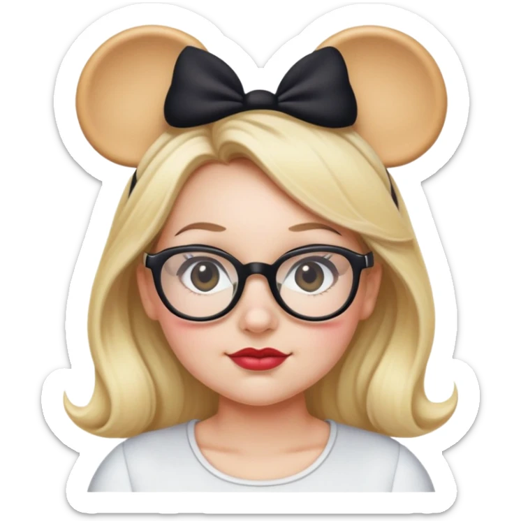 Thick Woman Hazel eyes glasses blonde hair wearing black Minnie mouse ears sticker