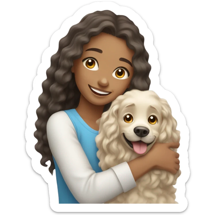 Please create a girl who hugs her pet doggie. The girl has a cute face and so does the doggie. The girl has light skin, blue eyes and light wavy long hair. sticker